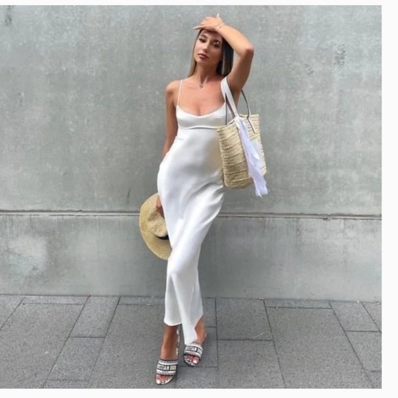 ZARA WHITE SATIN EFFECT CUT OUT BACK MIDI MAXI SLIP DRESS - Picture 5 of 17